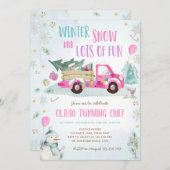 ウィンターピンクトラック雪おもしろいガールファースト誕生日 招待状 (正面/裏面)