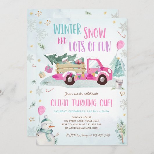 ウィンターピンクトラック雪おもしろいガールファースト誕生日 招待状 (正面/裏面)