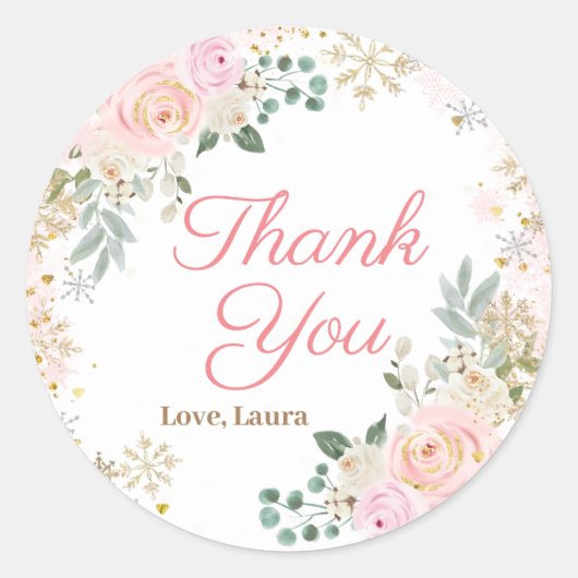 ウィンターピンクフローラスノーフレーク赤ちゃんシャワー ラウンドシール (正面)