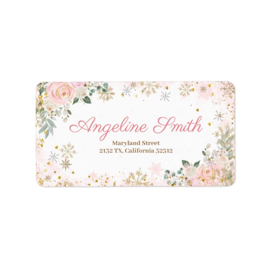 ウィンターピンクフローラスノーフレーク赤ちゃんシャワー ラベル (正面)