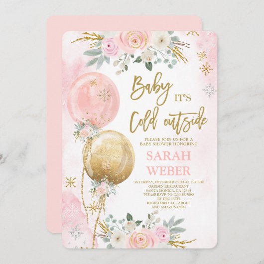 ウィンターピンクベビーシャワーガール招待状 招待状 (正面/裏面)