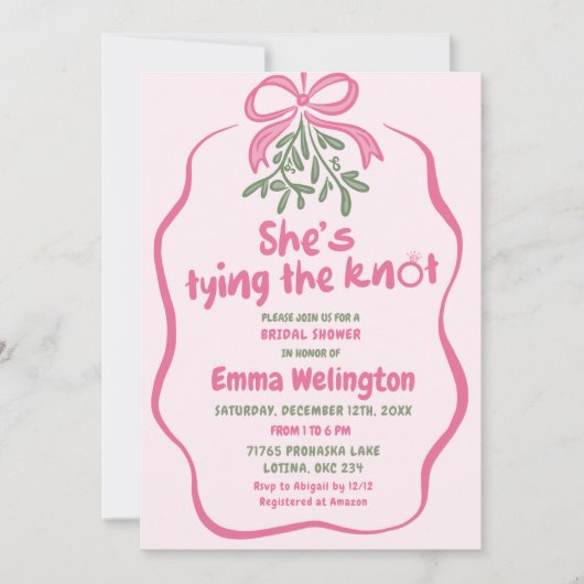 ウィンターピンクボウタイイングザノットブライダルシャワー 招待状 (正面)