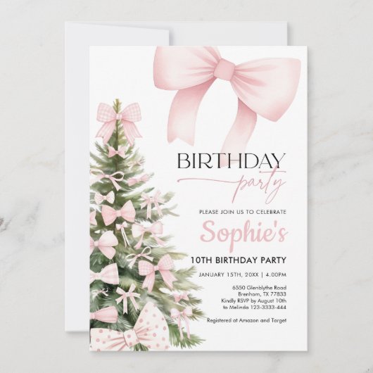 ウィンターピンクボウ誕生日招待状 招待状 (正面)