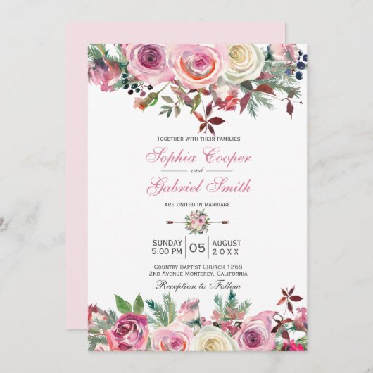 ウィンターピンクマウヴバラフローラパインブランチ結婚ズ 招待状 (正面/裏面)