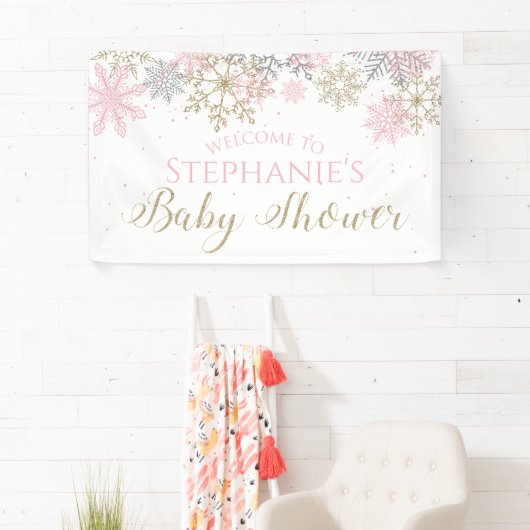 ウィンターピンク金ゴールドグリッタースノーフレーク赤ちゃんシャワー 横断幕 (インサイチュ)