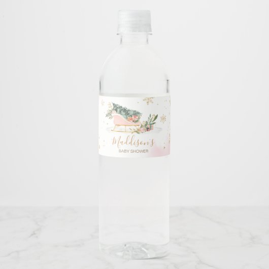 ウィンターピンク金ゴールドスノーフレーク赤ちゃんシャワー ペットボトルラベル (正面)