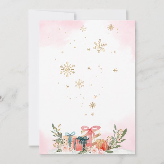 ウィンターピンク金ゴールドスノーフレーク赤ちゃんシャワー 招待状 (裏面)