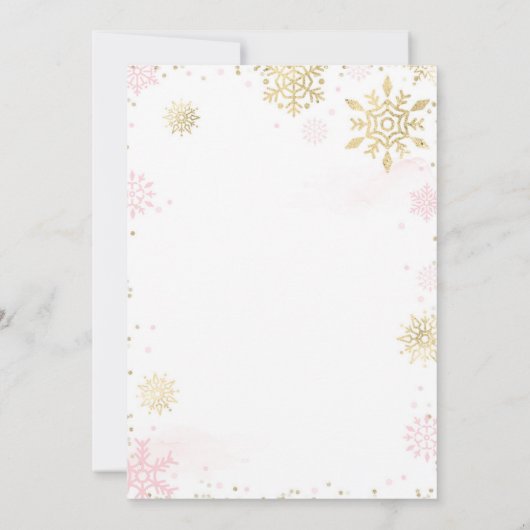 ウィンターピンク&金ゴールドスノーフレーク赤ちゃんシャワー 招待状 (裏面)