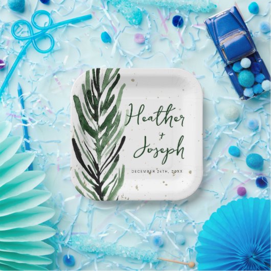 ウィンターピン&ゴールドのクリスマス フェスティブ ウェディング ペーパープレート (パーティー)