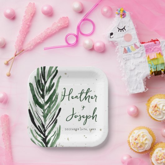 ウィンターピン&ゴールドのクリスマス フェスティブ ウェディング ペーパープレート (パーティー)