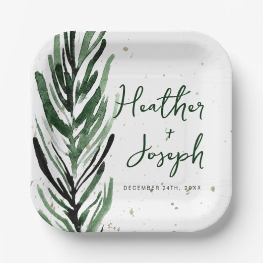 ウィンターピン&ゴールドのクリスマス フェスティブ ウェディング ペーパープレート (正面)