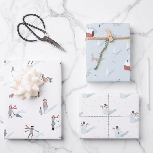 ウィンターピープルビレッジ雪だるまクリスマスホリデー ラッピングペーパーシート (正面)