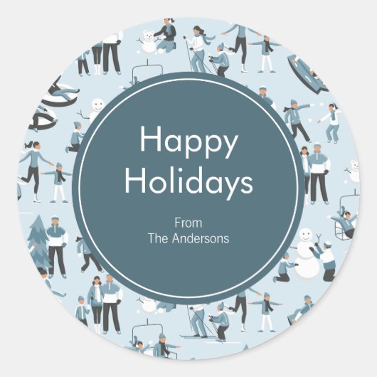 ウィンターファミリーおもしろいクリスマスホリデー ラウンドシール (正面)