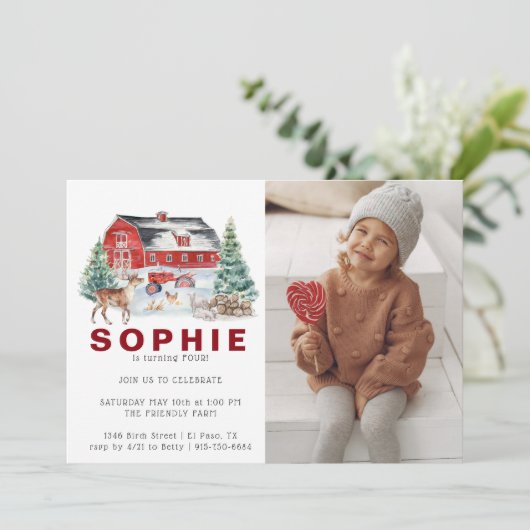 ウィンターファームテーマ |納屋の誕生日パーティーの招待 招待状 (スタンド正面)