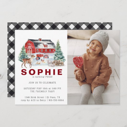 ウィンターファームテーマ |納屋の誕生日パーティーの招待 招待状 (正面/裏面)