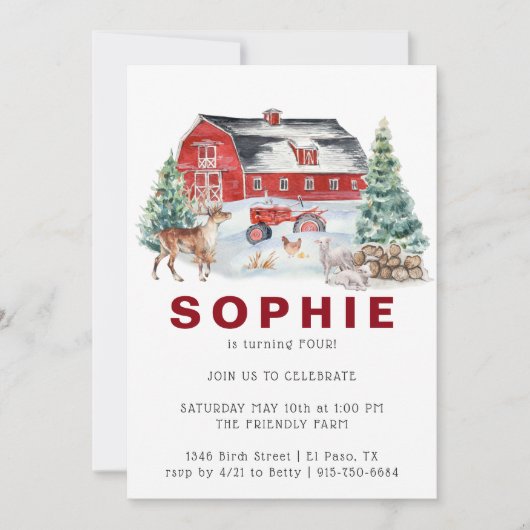 ウィンターファームテーマ |納屋の誕生日パーティーの招待 招待状 (正面)