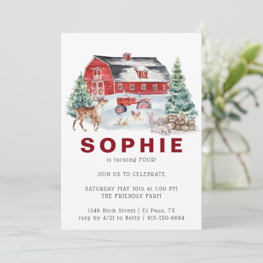 ウィンターファームテーマ |納屋の誕生日パーティーの招待 招待状 (スタンド正面)