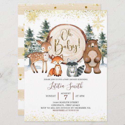 ウィンターフォレストウッドランドオベビーベビーシャワー招待状 招待状 (正面/裏面)