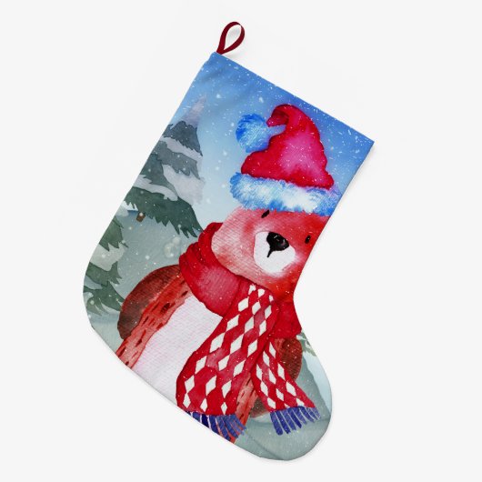 ウィンターフォレストウッドランドフレンズベアイラストレーション ラージクリスマスストッキング (正面 (吊り時))