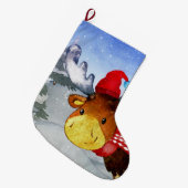 ウィンターフォレストウッドランドフレンズ鹿イラストレーション ラージクリスマスストッキング (正面 (吊り時))