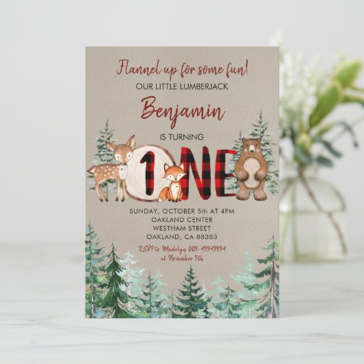 ウィンターフォレストウッドランドレッドプレイドファースト誕生日 招待状 (スタンド正面)