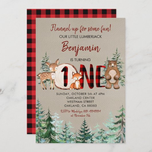 ウィンターフォレストウッドランドレッドプレイドファースト誕生日 招待状 (正面/裏面)
