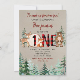 ウィンターフォレストウッドランドレッドプレイドファースト誕生日 招待状
