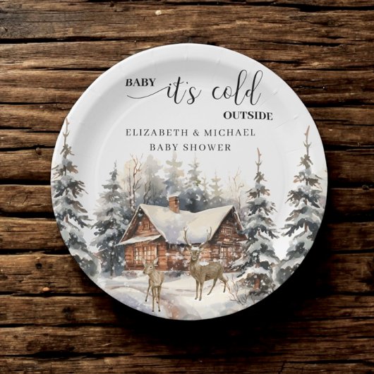 ウィンターフォレストハウスベビー外は寒い ペーパープレート