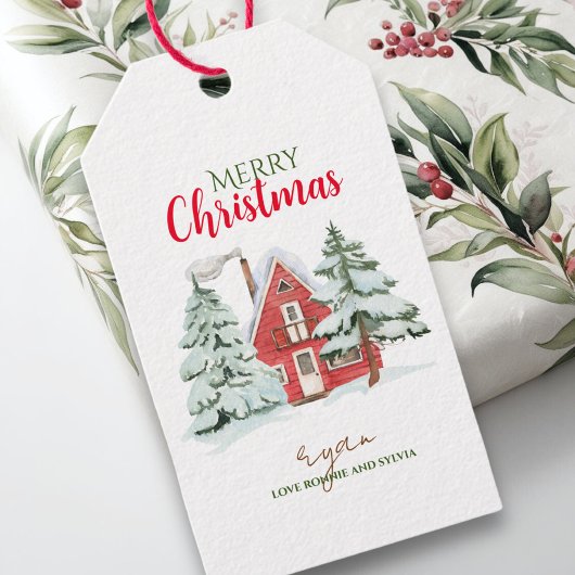 ウィンターフォレストファームハウス赤い納屋の田舎風クリスマス ギフトタグ