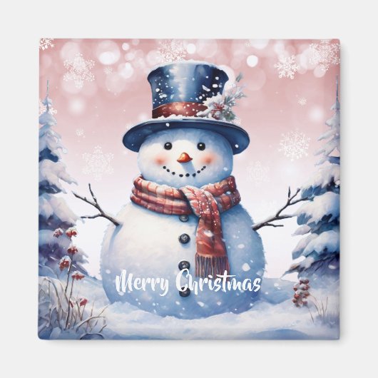 ウィンターフォレスト雪だるまクリスマス | ピンク マグネット (正面)