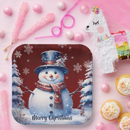 ウィンターフォレスト雪だるまクリスマス | レッド ペーパープレート (パーティー)