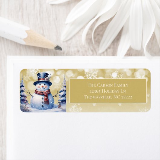 ウィンターフォレスト雪だるまクリスマス | 金ゴールドアドレス ラベル (インサイチュ)