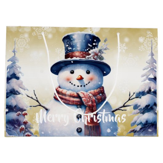 ウィンターフォレスト雪だるまクリスマス |金ゴールド ラージペーパーバッグ (裏面)