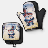 ウィンターフォレスト雪だるまクリスマス |金ゴールド 鍋つかみ&鍋敷きセット (正面/裏面)