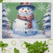 ウィンターフォレスト雪だるまクリスマス | Green キッチンタオル (折り畳み)