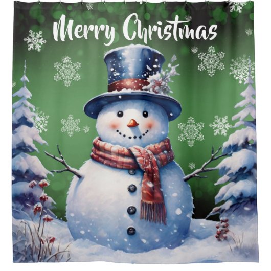 ウィンターフォレスト雪だるまクリスマス | Green シャワーカーテン (正面)