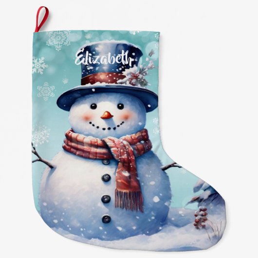 ウィンターフォレスト雪だるま | ティール ラージクリスマスストッキング (正面)