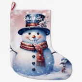 ウィンターフォレスト雪だるま | ピンク ラージクリスマスストッキング (正面)