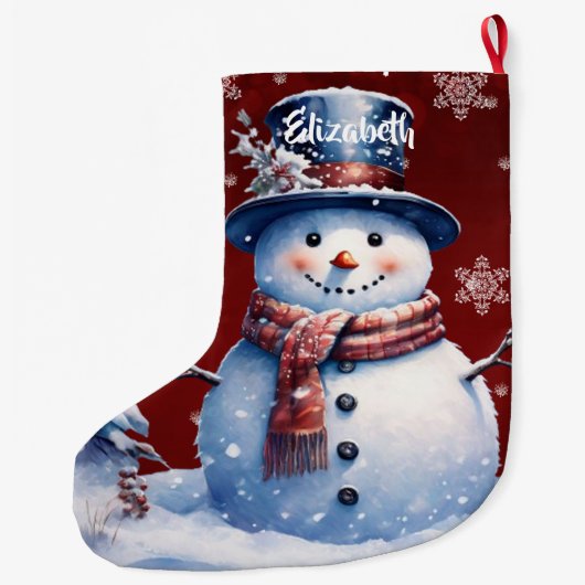 ウィンターフォレスト雪だるま | レッド ラージクリスマスストッキング (裏面)