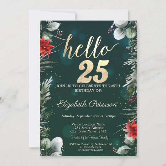 ウィンターフラワーポインセティシアグリーン25誕生日 招待状 (正面)
