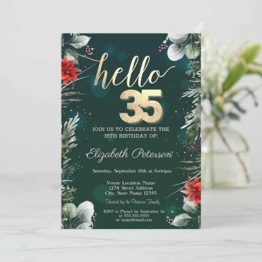ウィンターフラワーポインセティシアグリーン35誕生日 招待状 (スタンド正面)
