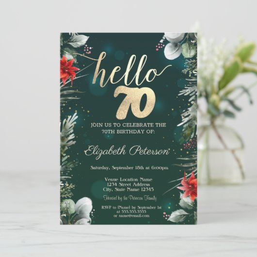 ウィンターフラワーポインセティシアグリーン70誕生日 招待状 (スタンド正面)