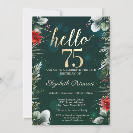 ウィンターフラワーポインセティシアグリーン75誕生日 招待状 (正面)