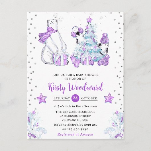 ウィンターフレンズPolar Bear & Penguinsベビーシャワー ポストカード (正面)