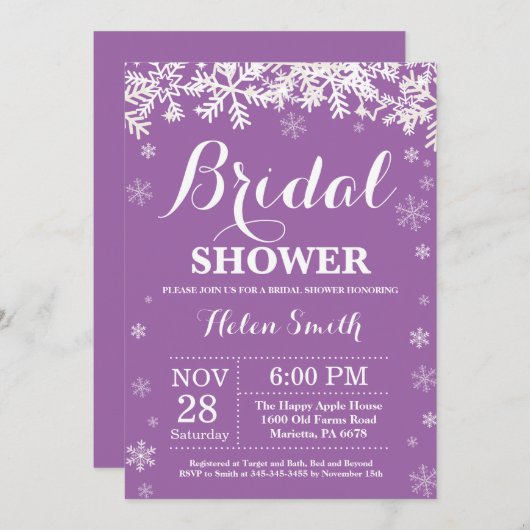 ウィンターブライダルシャワースノーフレークパープル招待状 招待状 (正面/裏面)