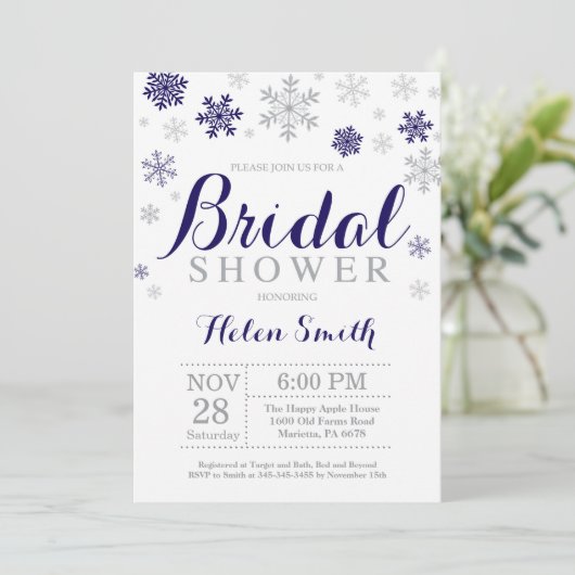 ウィンターブライダルシャワーネービーブルースノーフレーク 招待状 (スタンド正面)