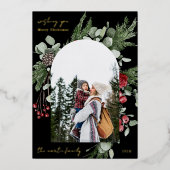 ウィンターブラックボタニカルフレームツー写真クリスマス 箔シーズンカード (正面)