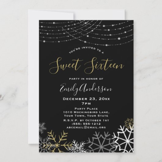 ウィンターブラック金ゴールドシルバースノーフレークスウィート16 招待状 (正面)