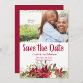 ウィンターブルガンディポインセチアグリッター日付を保存 招待状 (正面/裏面)