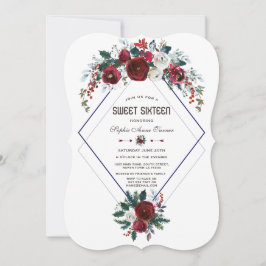 ウィンターブルグンディーフローラルネイビーブルー スイート16 招待状